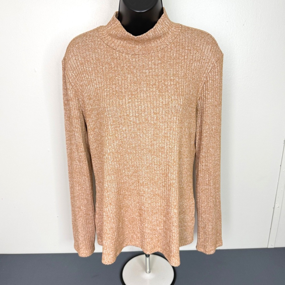 41 Hawthorn Sweater Womens XL Mock Neck Ribbed Knit Long Sleeve Button Cuff Tan